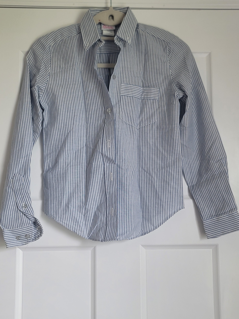 Vintage Avon Fasions Women’s Blue and White Striped Button-Front Shirt